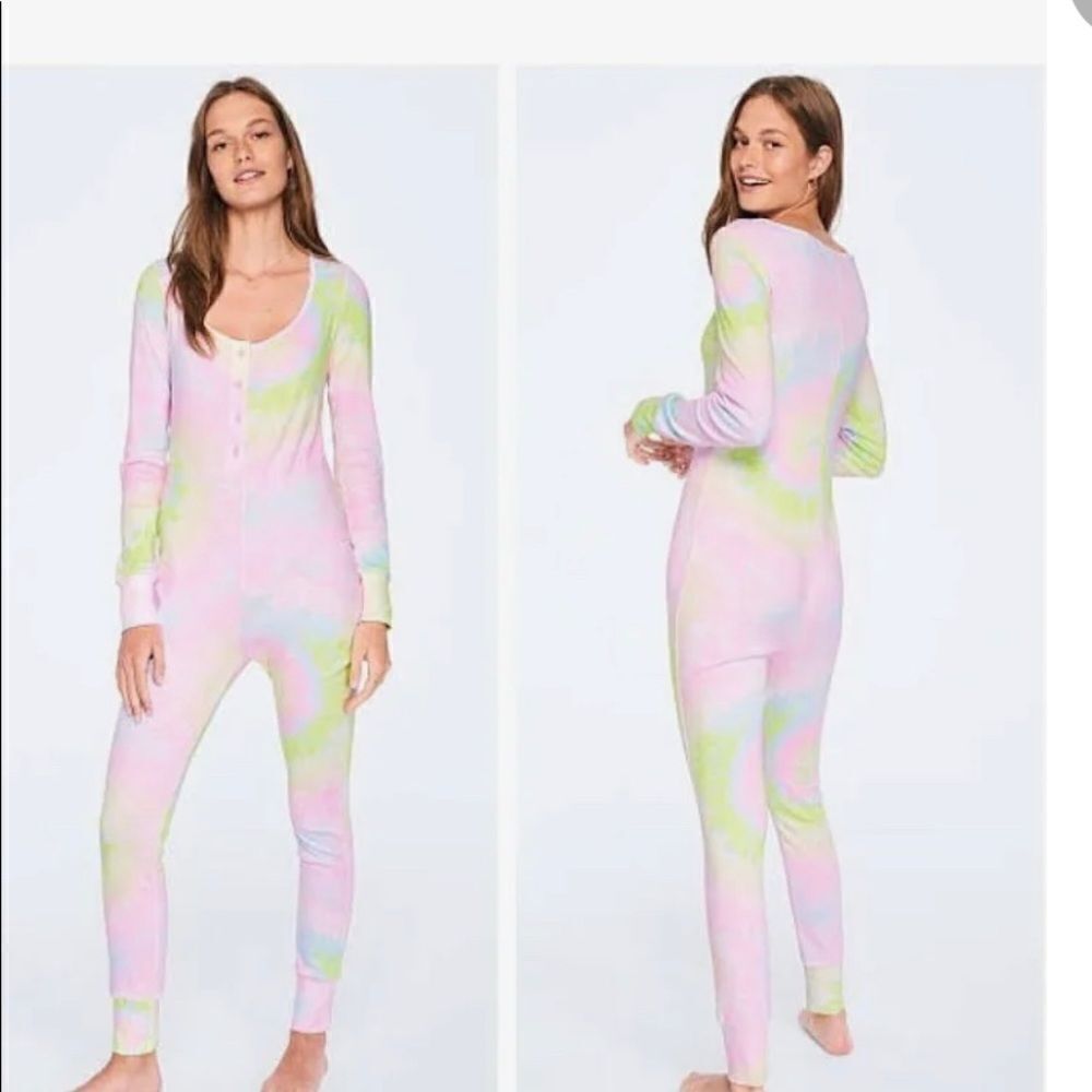 Vs Victorias Secret Pink One Piece Pajama Cozy Sleep Rainbow Tie Dye XS
